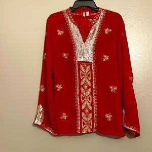Red shirt with gold sequins and appliqué